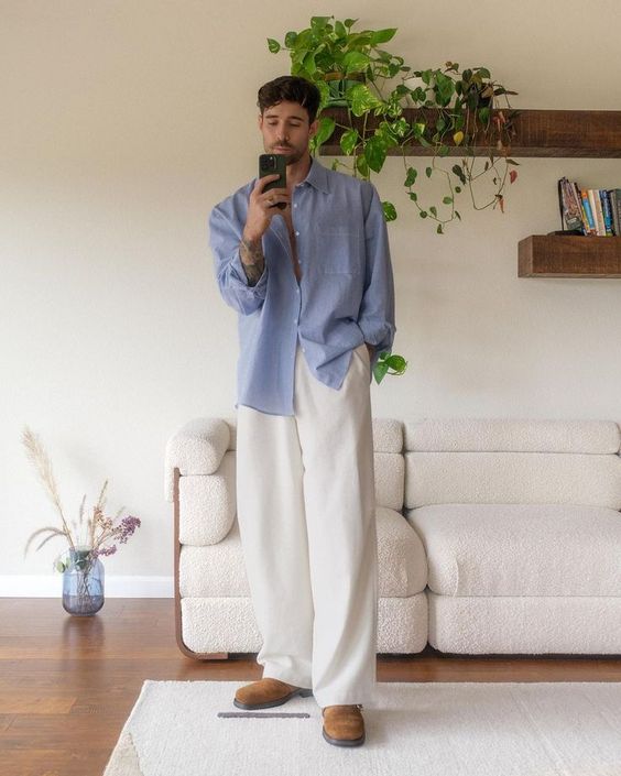 Blue Shirt with White Linen Pants and Brown Suede Loafers 